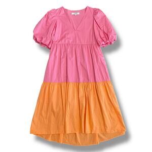 Crosby by Mollie Burch Pink & Peach Tiered Cotton Midi Dress Puff Sleeve‎ S